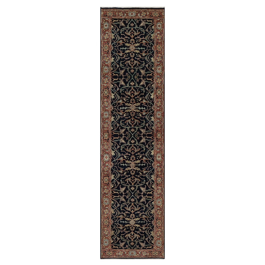 2'7"x10'2" Blue Hand Knotted Rug Antiqued Heris Re-Creation Wool Runner: 2'7"x10'2" Blue Hand Knotted Rug Antiqued Heris Re-Creation Wool Runner Hand-knotted wool runner in a vibrant blue hue, re-creating the classic Heris style, boasts an all-over regional design with sub