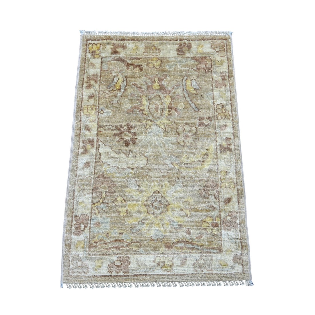 2'x3' Brown Afghan Angora Oushak Leaf Design Hand Knotted Wool Mat Rug: 2'x3' Brown Afghan Angora Oushak Leaf Design Hand Knotted Wool Mat Rug This stunning 2'x3' Oushak leaf design hand knotted wool mat rug boasts a rich, earthy brown color and intricate floral pattern, 