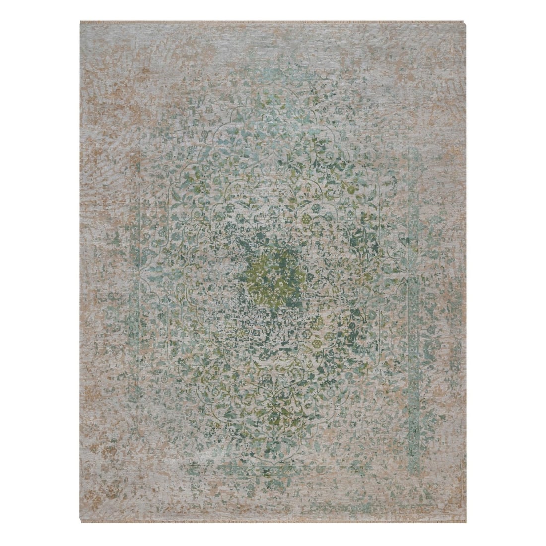 11'10"x15'1" Green Erased Medallion Design Hand Knotted Wool & Silk XL Rug: 11'10"x15'1" Green Erased Medallion Design Hand Knotted Wool & Silk XL Rug Green Erased Medallion Design Hand Knotted Wool & Silk XL Rug measures 11'10" x 15'1" and features a striking medallion patte