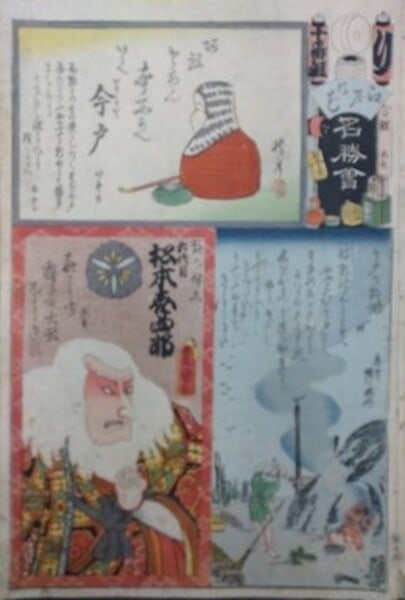 1863 Toyokuni III Edo no Hana Imado Matsumoto Koshiro Kabuki Woodblock Print: 1863 Toyokuni III Edo no Hana Imado Matsumoto Koshiro Kabuki Woodblock Print Item Specifics: Artist: Utagawa Toyokuni III & Chingetsu Subject: Kabuki Actor & Edo Landscape Material: Washi Paper Style: