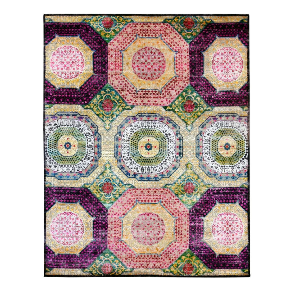 8'x10'2" Yellow Colorful Mamluk Design Hand Knotted Silk with Wool Rug: 8'x10'2" Yellow Colorful Mamluk Design Hand Knotted Silk with Wool Rug Yellow Colorful Mamluk Design Hand Knotted Silk with Wool Rug features a vibrant rectangular field with a geometric pattern, show