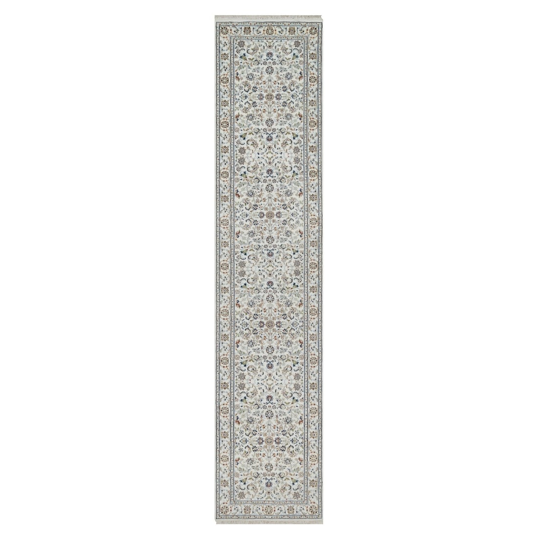 2'8"x12'2" White Nain Floral Design Wool and Silk Hand Knotted Runner Rug: 2'8"x12'2" White Nain Floral Design Wool and Silk Hand Knotted Runner Rug Hand-knotted with wool and silk, this 2'8"x12'2" Nain floral design rug boasts a classic ivory color and intricate pattern. Ma