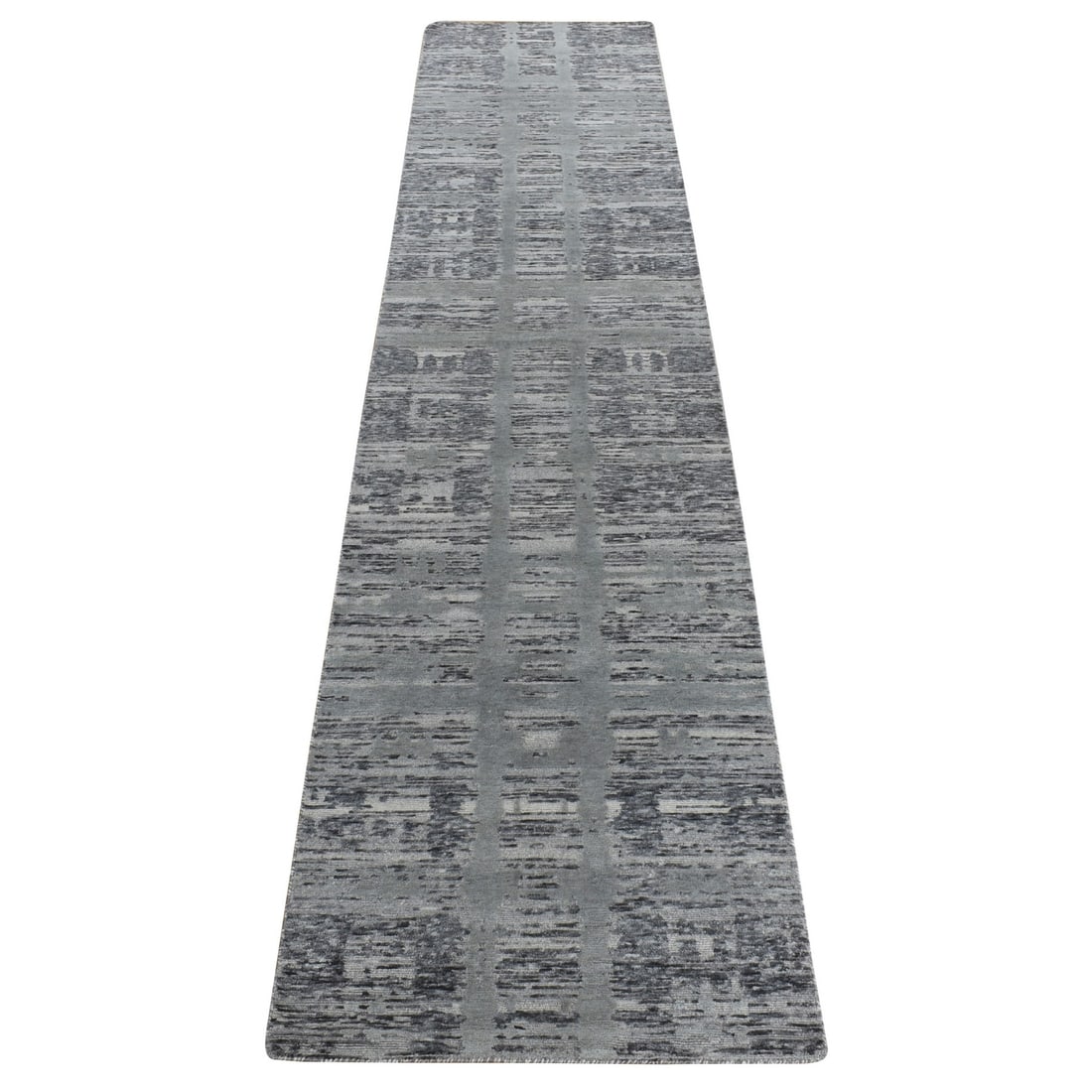 2'7"x12'1" Gray Undyed Natural Wool Modern Hand Knotted Runner Rug: 2'7"x12'1" Gray Undyed Natural Wool Modern Hand Knotted Runner Rug Modern Hand-Knotted Wool Runner Rug. This 2'7"x12'1" gray undyed natural wool rug boasts a sleek, modern design with a subtle, hand-k