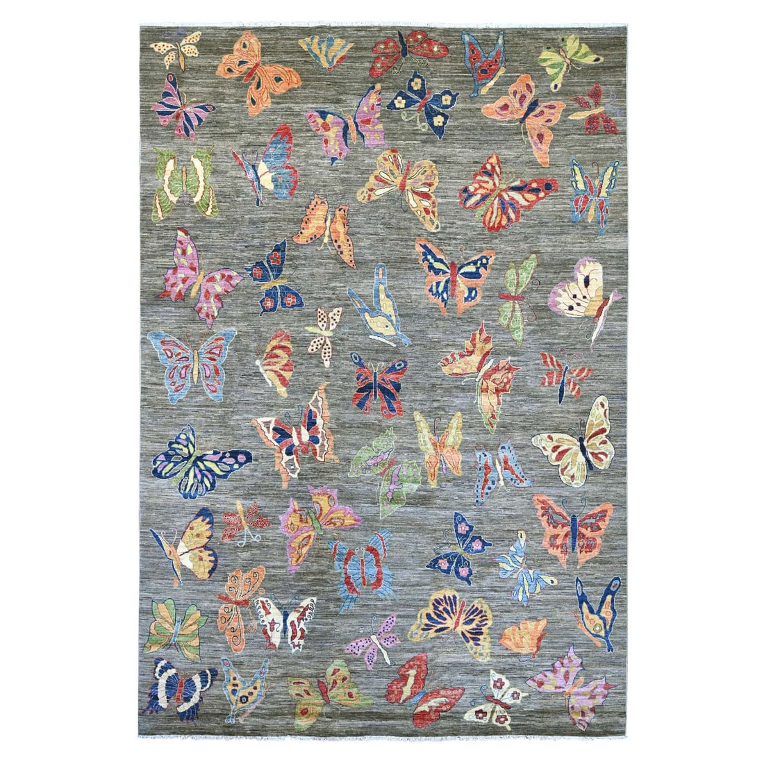 9'6"x13'8" Gray Peshawar with Butterfly Design Soft Wool Hand Knotted Rug: 9'6"x13'8" Gray Peshawar with Butterfly Design Soft Wool Hand Knotted Rug Softly woven in the traditional style of Peshawar, this 9'6"x13'8" gray wool hand-knotted rug boasts a striking butterfly desi