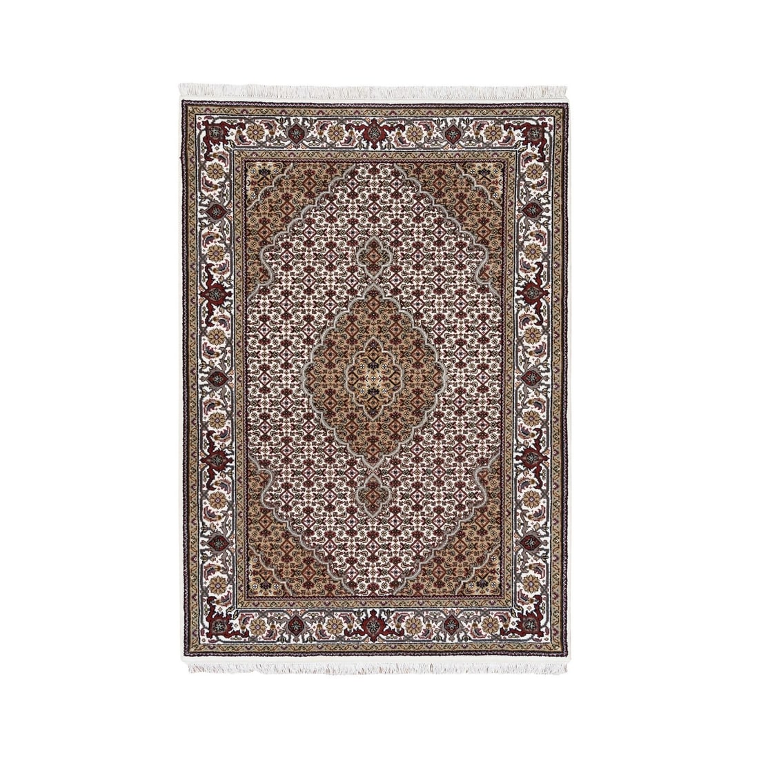 4'x6' Tebraz Mahi Fish Medallion Design Wool And Silk Handknotted Rug: 4'x6' Tebraz Mahi Fish Medallion Design Wool And Silk Handknotted Rug Woven with intricate detail, this 4'x6' Tebraz Mahi Fish Medallion Design Wool and Silk Handknotted Rug boasts a stunning ivory co