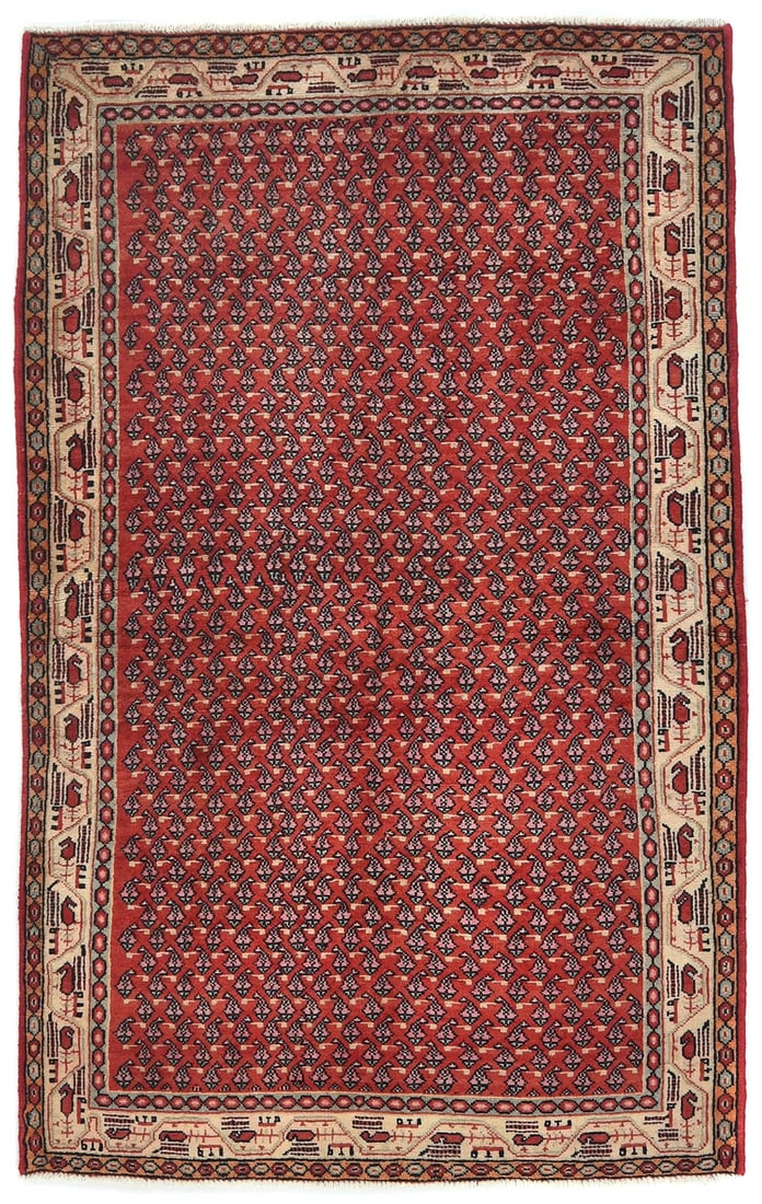 Handmade Vintage Oriental Rug 4X7 Ft Tribal Design Entryway Farmhouse Carpet Hand-Knotted: Handmade Vintage Oriental Rug 4X7 Ft Tribal Design Entryway Farmhouse Carpet Hand-Knotted Hand-knotted in wool, this 4'3 x 6'8 vintage oriental rug boasts an allover tribal design in a rich color pale
