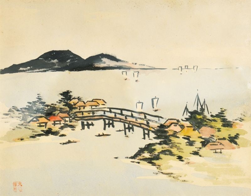 Miyake Kokki Original Watercolor Painting Crossing the Bridge Framed Japan Art: Miyake Kokki Original Watercolor Painting Crossing the Bridge Framed Japan Art Item Specifics: Artist: Miyake Kokki Subject: Landscape with Bridge Material: Watercolor on Paper Style: Japanese Year Of