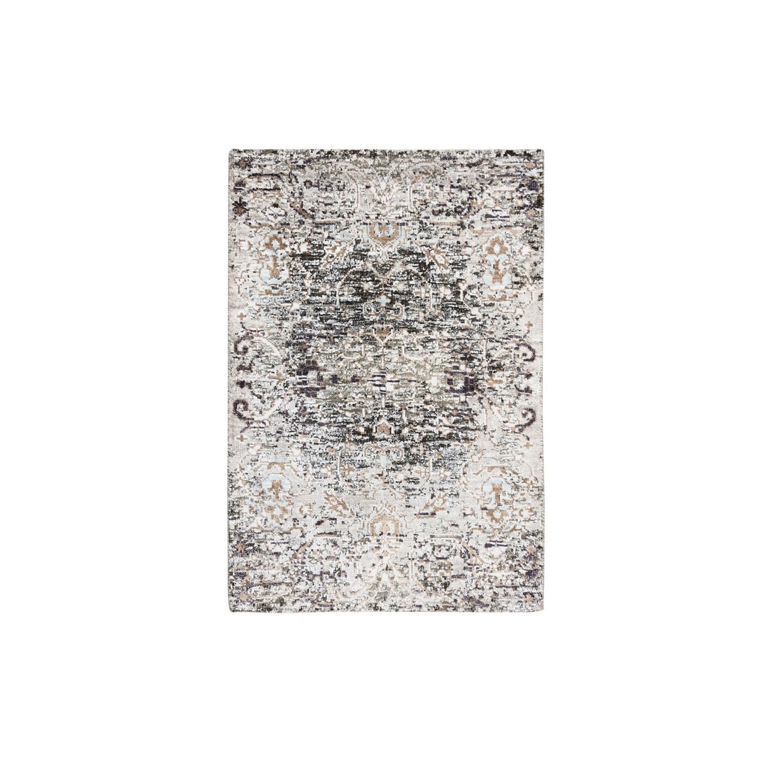 2'1"x3' Gray Hand Knotted Transitional Farsian Silk with Wool Mat Rug: 2'1"x3' Gray Hand Knotted Transitional Farsian Silk with Wool Mat Rug Hand-knotted with wool and silk, this 2'1"x3' rectangular field gray rug boasts a timeless Oriental design. Made from high-quality