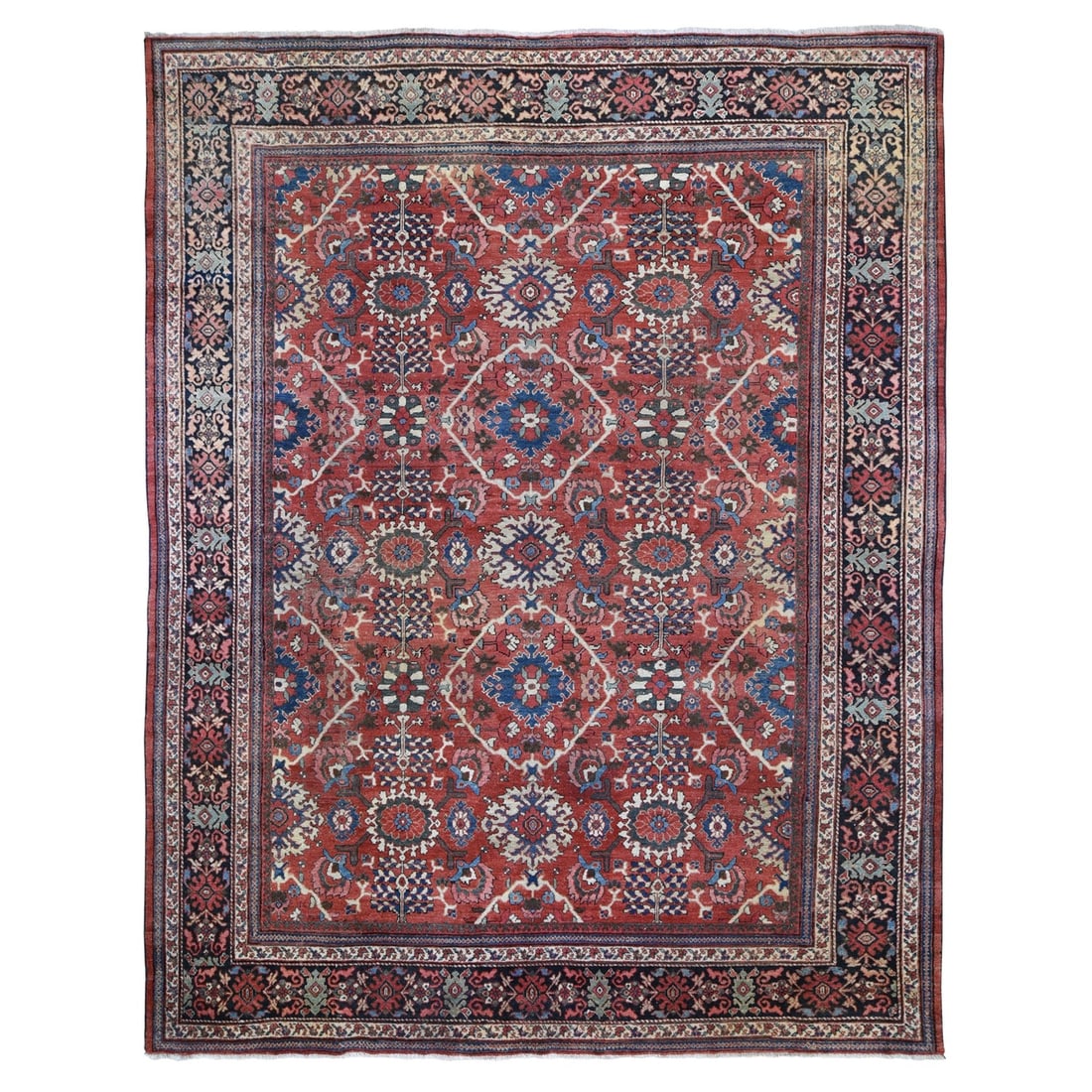 Good Antique Rug Hand Knotted Clean Some 10'10"x13'8: Good Antique Rug Hand Knotted Clean Some 10'10"x13'8 Hand-knotted in wool, this 10'10"x13'8" Oriental-style rug boasts a rich red field with intricate regional design, characteristic of Turkish crafts
