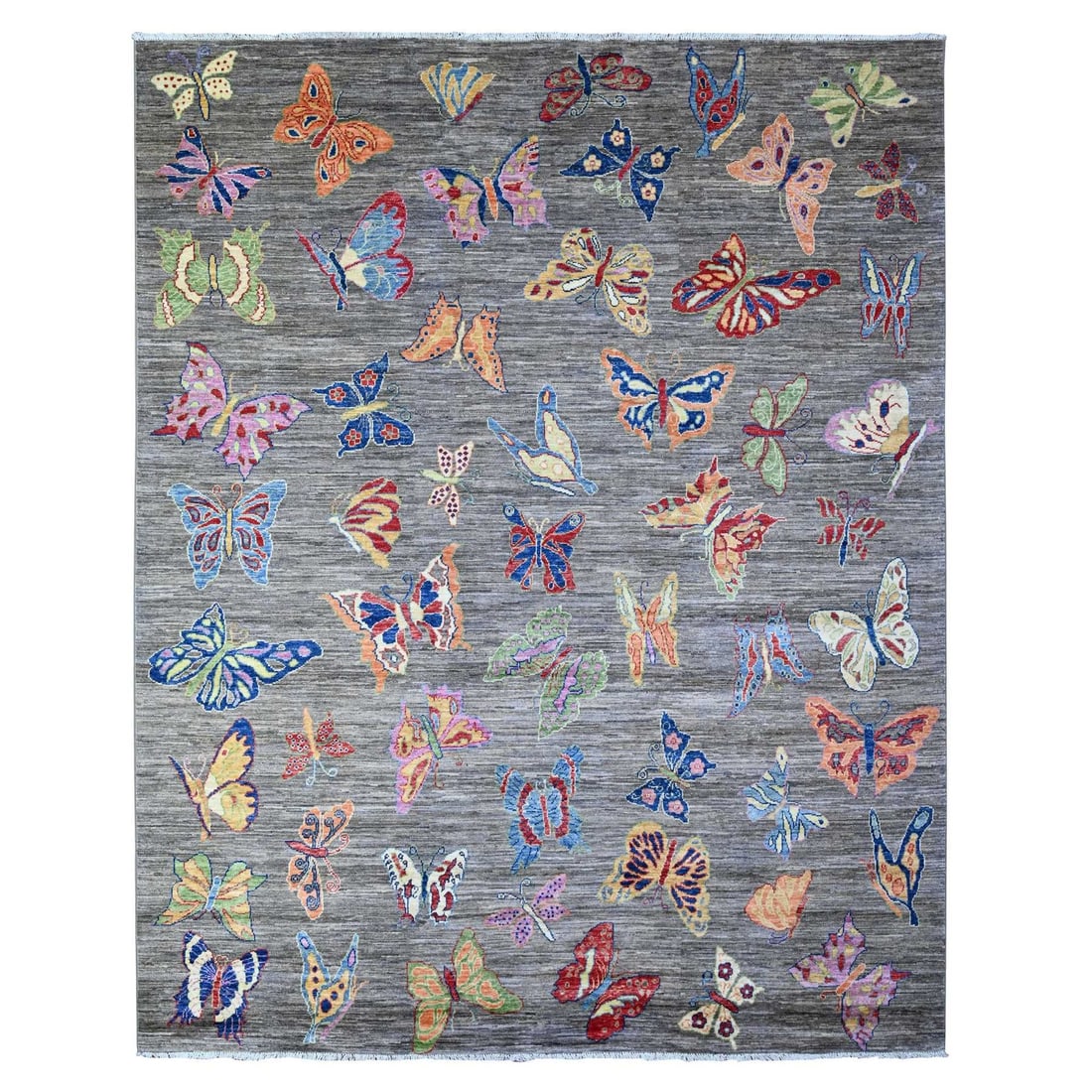 7'8"x9'7" Shark Gray Wool Colorful Hand Knotted Oriental Novelty Rug: 7'8"x9'7" Shark Gray Wool Colorful Hand Knotted Oriental Novelty Rug The 7'8"x9'7" Shark Gray Wool Colorful Hand Knotted Oriental Novelty Rug boasts a unique blend of vibrant colors, including orange,