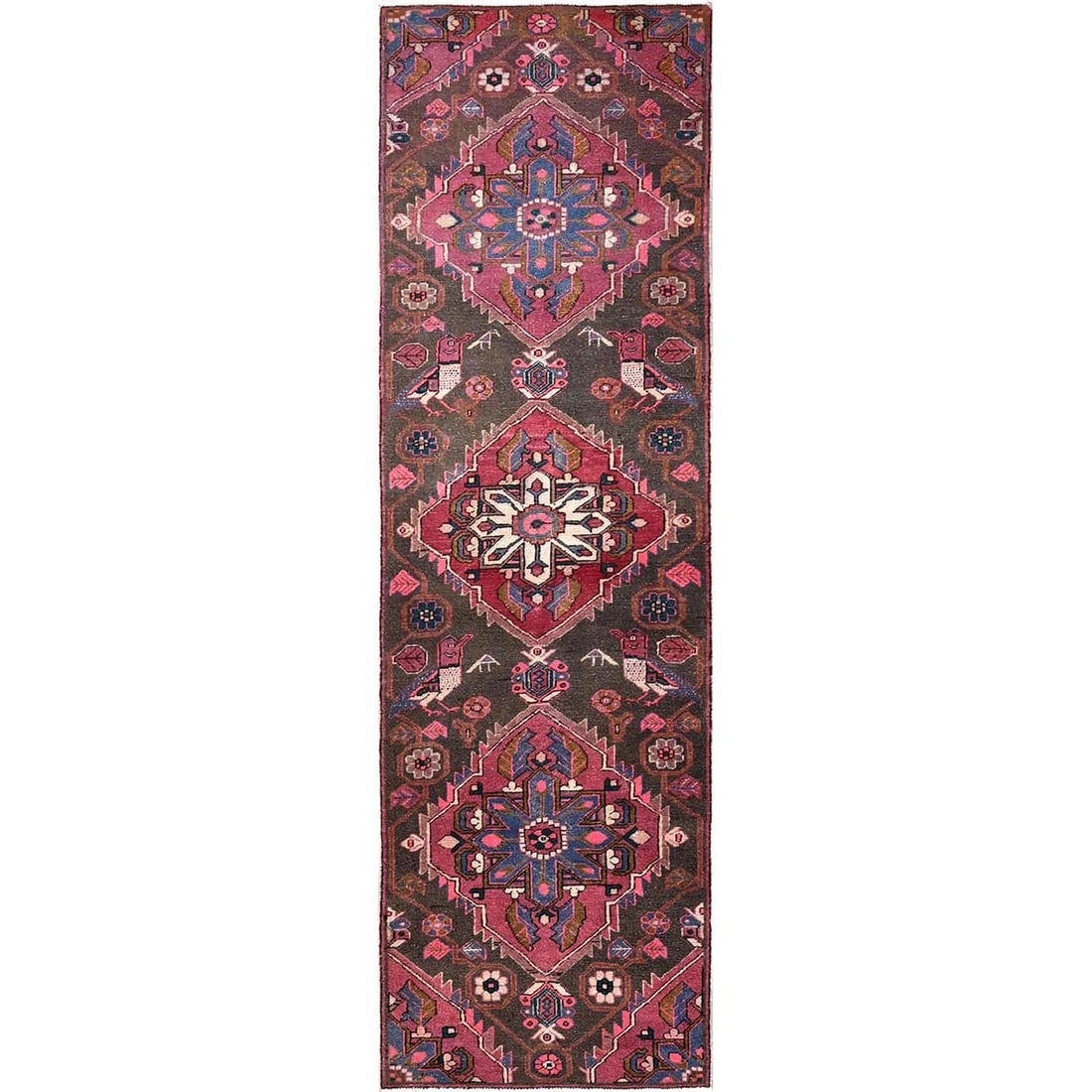 3'x9'8" Brown Vintage Zoroastrian Khaamadan Hand Knotted Wool Runner Rug: 3'x9'8" Brown Vintage Zoroastrian Khaamadan Hand Knotted Wool Runner Rug Brown Vintage Zoroastrian Khaamadan Hand Knotted Wool Runner Rug boasts a rich, timeless design with intricate medallion patter