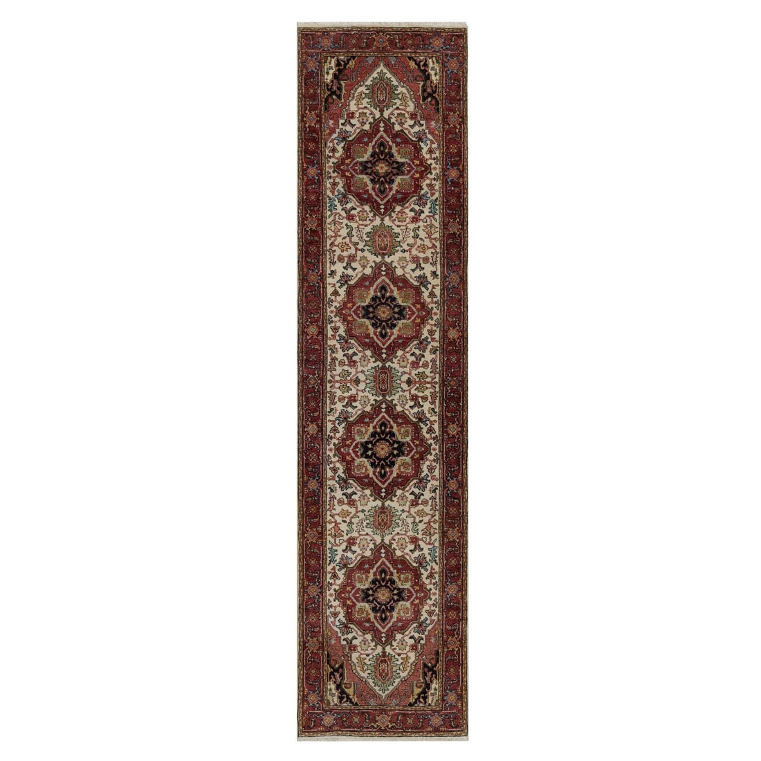 2'5"x10'1" Ivory Wool Rug Antiqued Heris Recreation Hand Knotted Runner: 2'5"x10'1" Ivory Wool Rug Antiqued Heris Recreation Hand Knotted Runner Hand-knotted in wool, this 2'5"x10'1" Heris-style runner boasts a timeless medallion pattern in a rich ivory field, accented wit