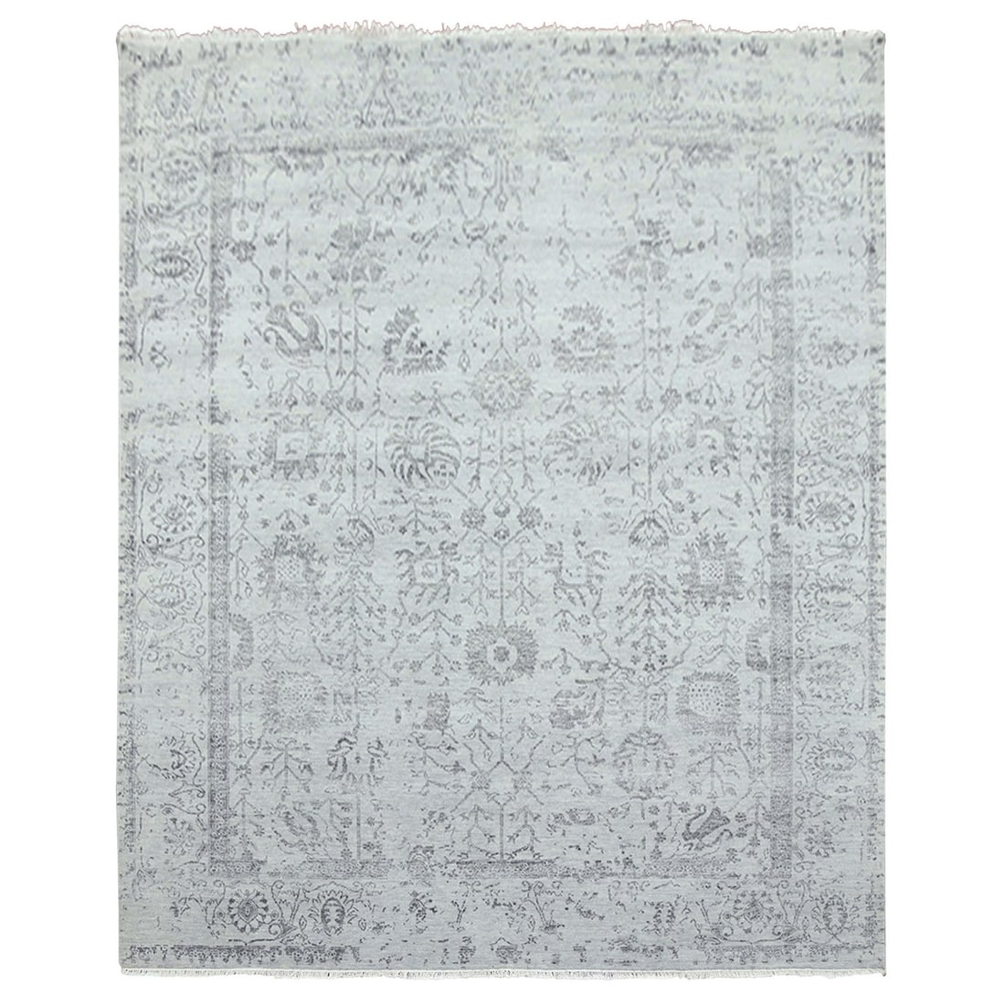 8'x9'10" Gray Wool and Silk Hand Knotted Zoroastrian Tebraz Design Rug: 8'x9'10" Gray Wool and Silk Hand Knotted Zoroastrian Tebraz Design Rug The 8'x9'10" Gray Wool and Silk Hand Knotted Zoroastrian Tebraz Design Rug boasts a stunning grey color and intricate hand-knotte
