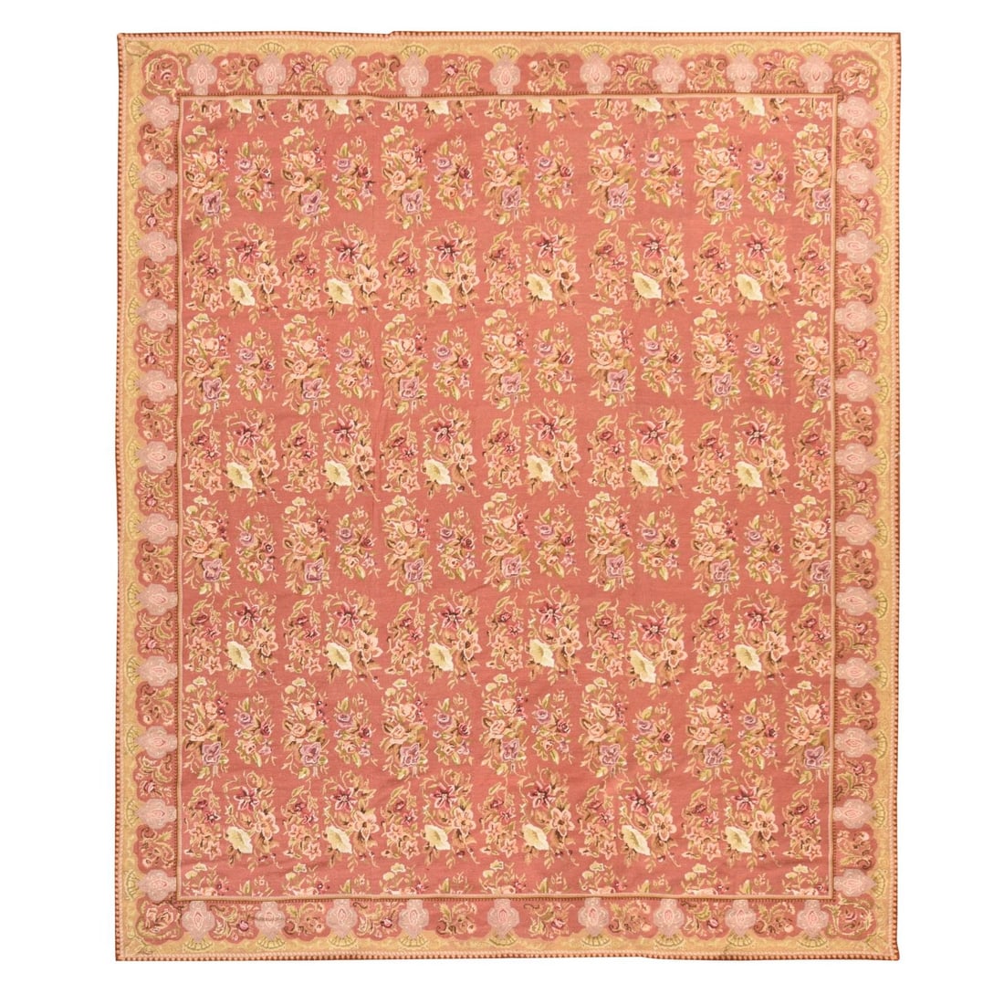 7'5"x9'4" Pink Chinese Needlepoint Botanical Design Hand Stitched Wool Rug: 7'5"x9'4" Pink Chinese Needlepoint Botanical Design Hand Stitched Wool Rug Hand-stitched in wool, this 7'5" x 9'4" pink Chinese needlepoint botanical design rug boasts a vibrant floral pattern against