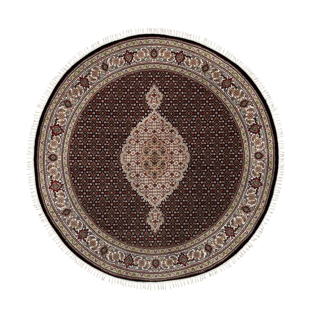 6'x6' Black Hand Knotted Tebraz Mahi with Fish Design Pure Wool Round Rug: 6'x6' Black Hand Knotted Tebraz Mahi with Fish Design Pure Wool Round Rug Black Hand Knotted Tebraz Mahi with Fish Design Pure Wool Round Rug is a stunning 6'x6' hand-knotted wool rug featuring an int
