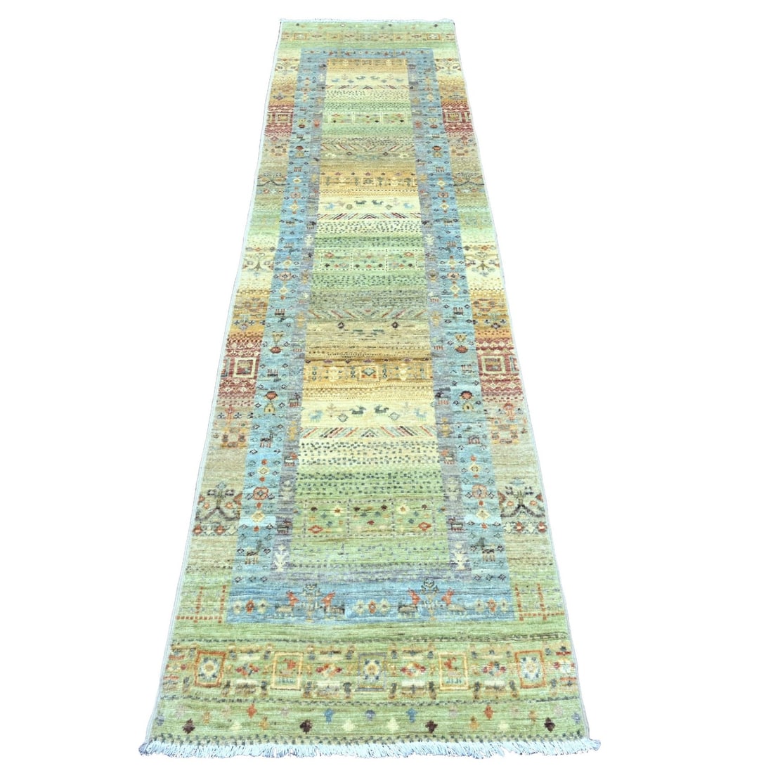 2'5"x9'9" Green Hand Knotted Kashkuli Animal Figurines Wool Runner Rug (1 of 6)