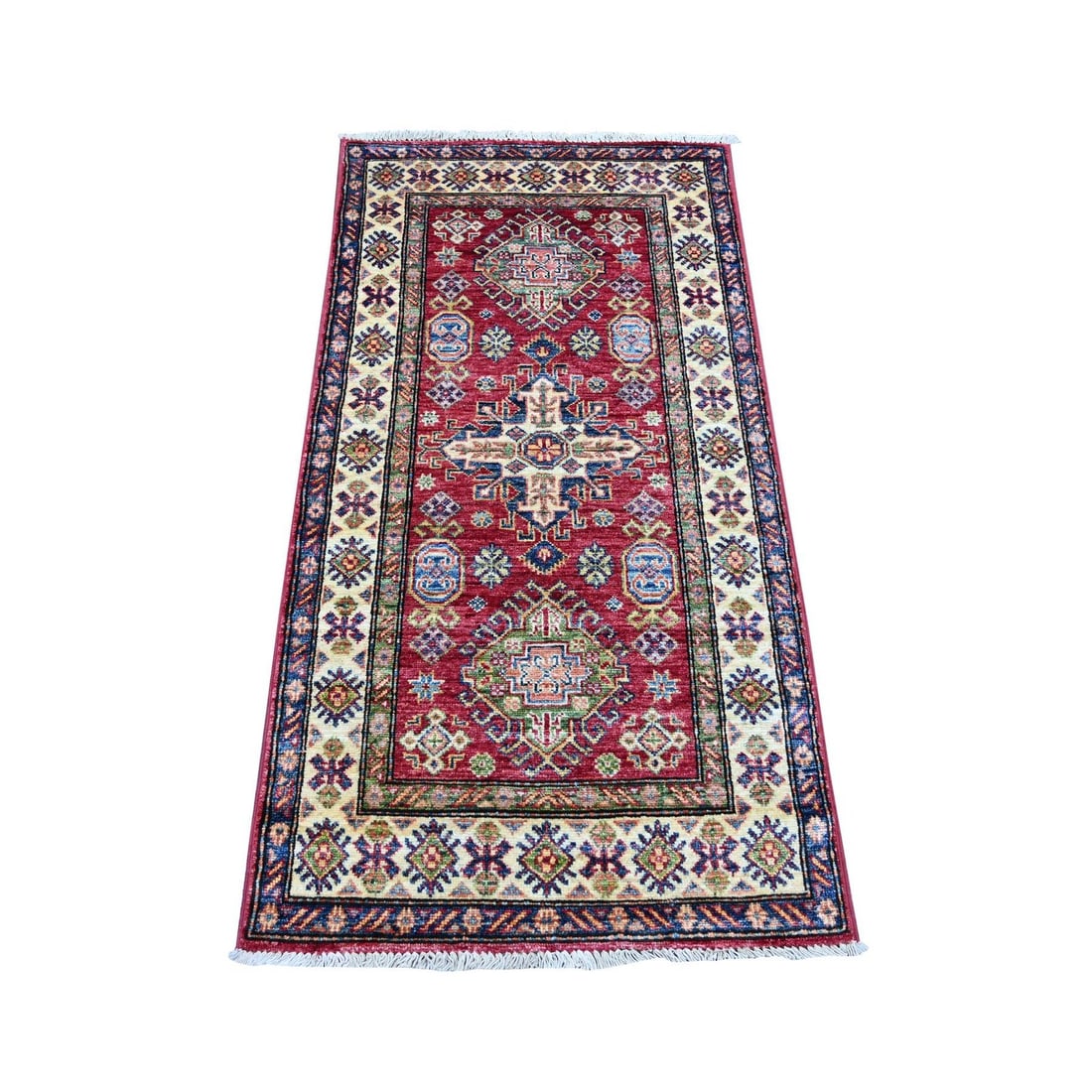 Super Red Hand Knotted Wool Runner Rug 2'5"x4'8: Super Red Hand Knotted Wool Runner Rug 2'5"x4'8 Super Red Hand Knotted Wool Runner Rug boasts a stunning medallion pattern in rich red hues, set against a vibrant red field. This beautifully crafted, 