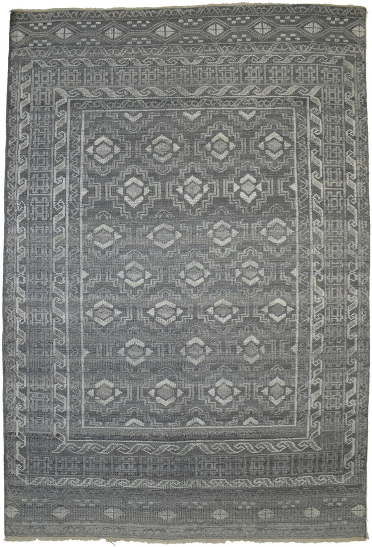 Handmade Gray Transitional Geometric Wool Rug Modern Oriental Carpet 6X9 Ft Hand-Knotted: Handmade Gray Transitional Geometric Wool Rug Modern Oriental Carpet 6X9 Ft Hand-Knotted Hand-knotted in wool, this 6x9 ft geometric rug boasts a modern design with a low pile height, making it perfec