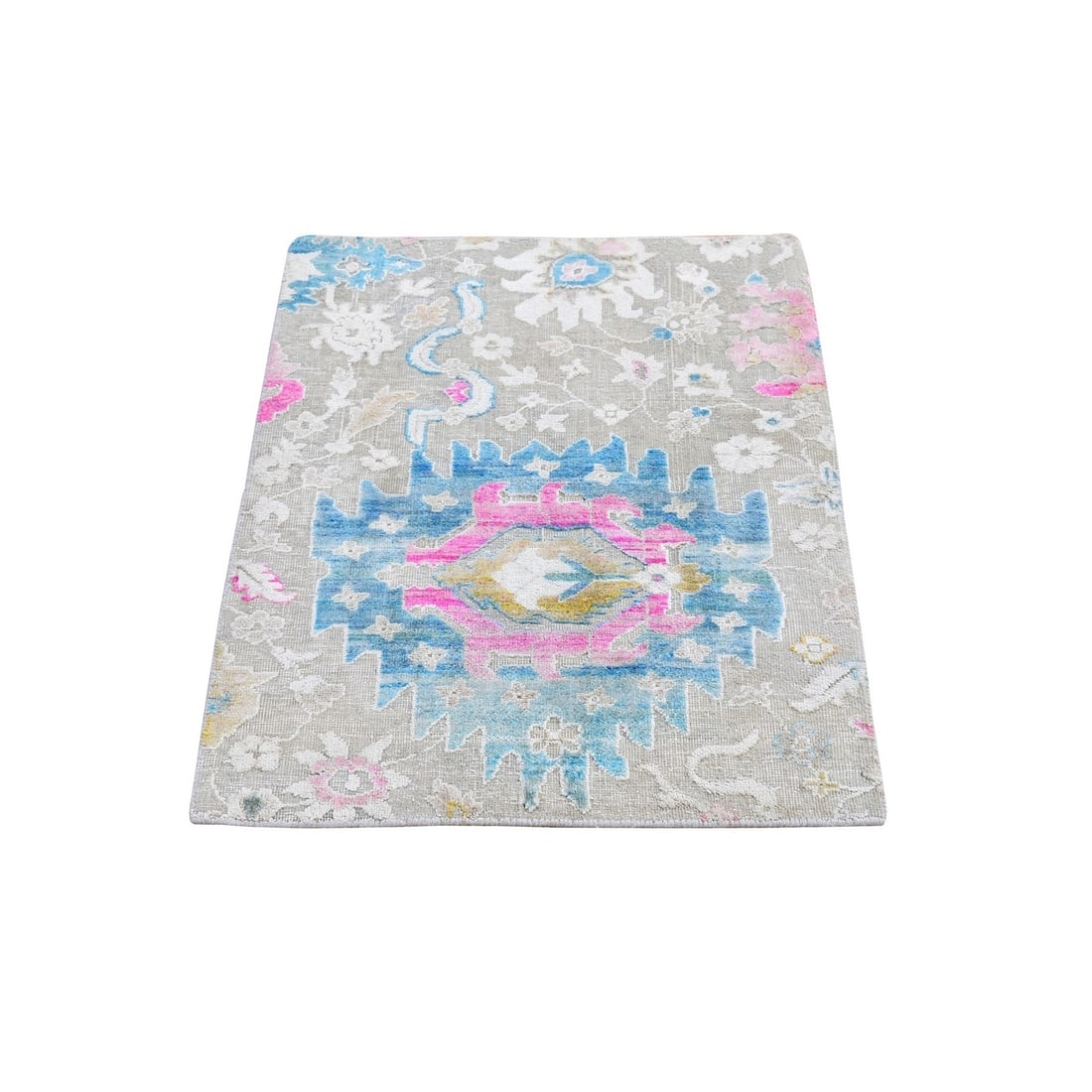 2'1"x3' Sari Silk with Textured Wool Oushak Influence Handknotted Mat Rug: 2'1"x3' Sari Silk with Textured Wool Oushak Influence Handknotted Mat Rug Grey wool and sari silk hand-knotted mat rug with a textured, oushak-inspired design, measuring 2'1" x 3'0". The rug features 