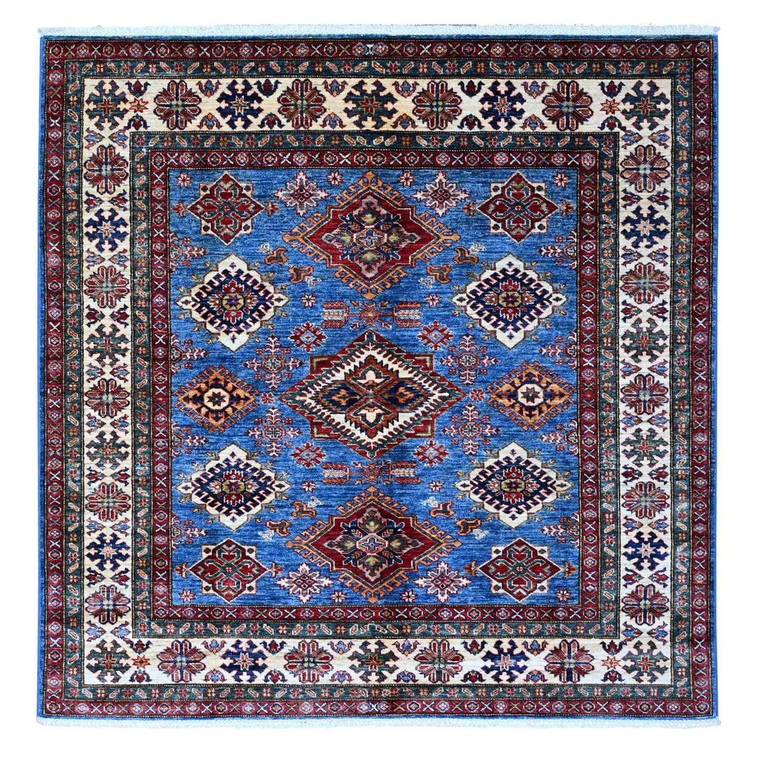 Blue Hand Knotted Super Kazak Tribal Elements Square Oriental Rug: Blue Hand Knotted Super Kazak Tribal Elements Square Oriental Rug Hand-knotted in wool, this stunning Blue Super Kazak Tribal Elements Square Oriental Rug boasts a vibrant blue field with intricate pa