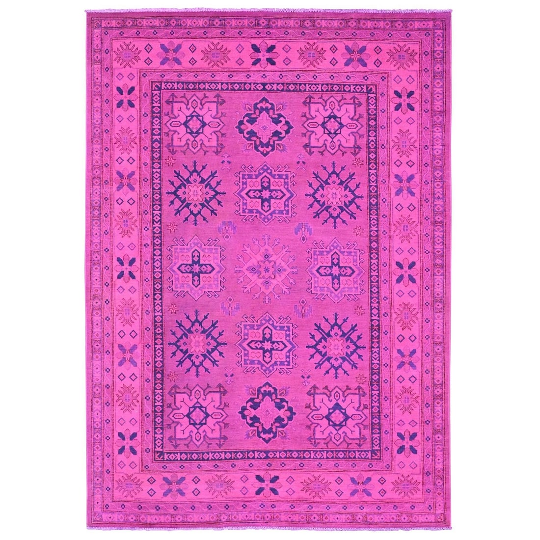 Pink Geometric Pattern Hand Knotted 100% Wool 6'x8'6" Overdyed Kazak Rug: Pink Geometric Pattern Hand Knotted 100% Wool 6'x8'6" Overdyed Kazak Rug Hand-knotted in 100% wool, this vibrant pink geometric pattern Kazak rug boasts a beautiful, overdyed design that adds depth an