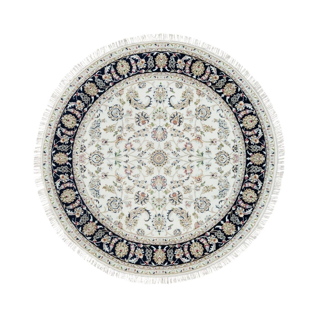 6'x6' Powder White Hand Knotted Nain Design 250 KPSI Soft Wool Round Rug: 6'x6' Powder White Hand Knotted Nain Design 250 KPSI Soft Wool Round Rug Soft and serene, this 6'x6' powder white hand knotted Nain design wool rug brings a touch of elegance to any indoor space. Made