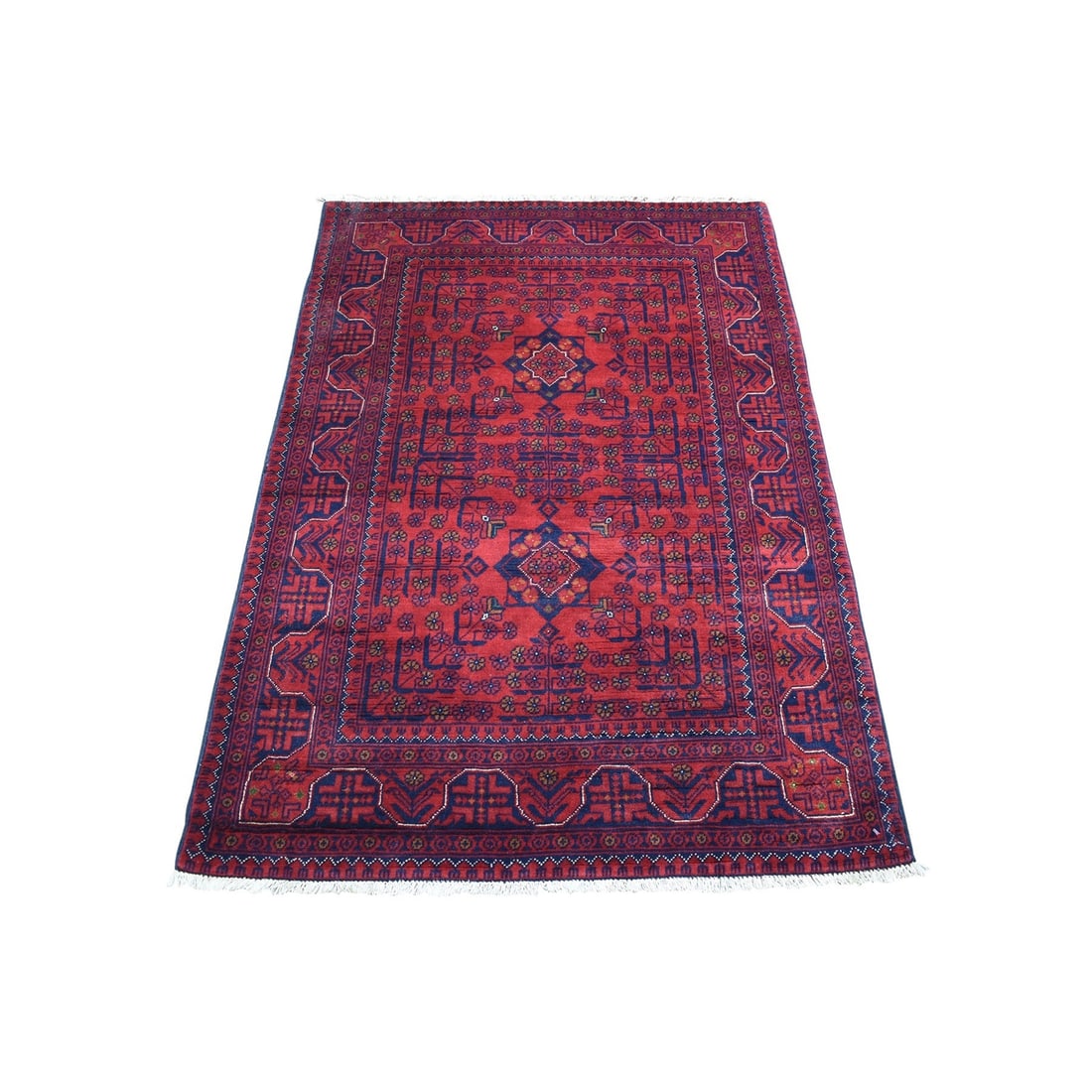 3'4"x4'10" Deep & Saturated Red Afghan Khamyab Pure Wool Hand Knotted Rug: 3'4"x4'10" Deep & Saturated Red Afghan Khamyab Pure Wool Hand Knotted Rug Deeply saturated in rich, bold red, this 3'4"x4'10" Afghan hand-knotted wool rug boasts a stunning rectangular field design. M