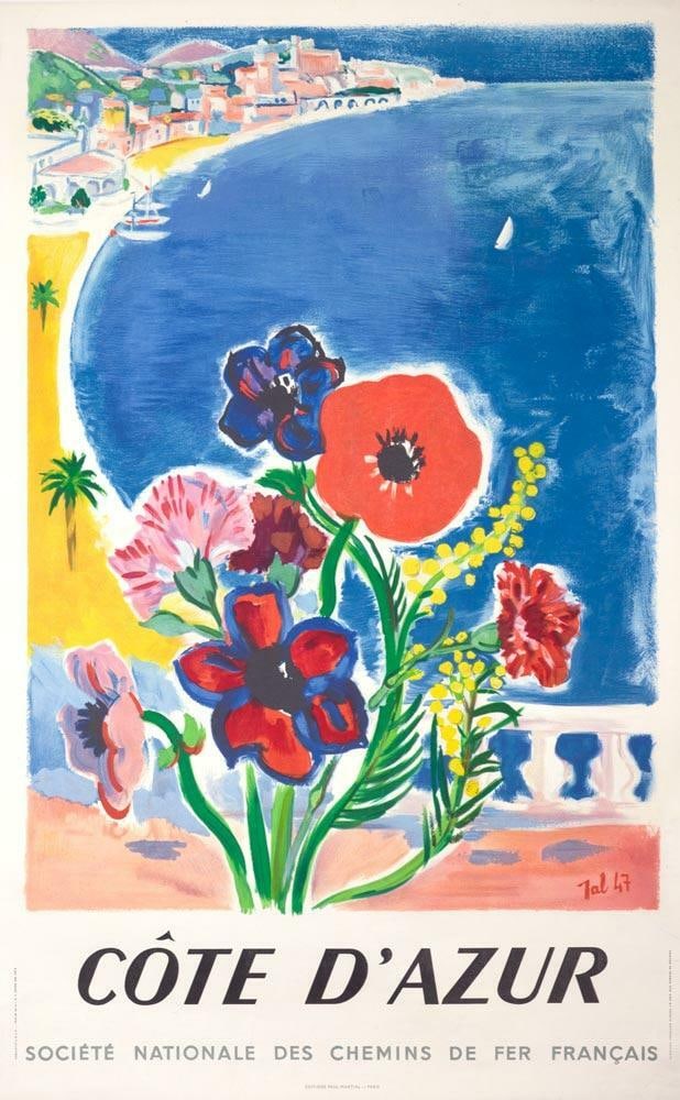 French Vintage Travel Poster Cote D'Azur: French Vintage Travel Poster Cote D'Azur Item Specifics: Artist: Tal jal Unit Of Sale: Single Piece Size: Medium Color: Blue Date Of Creation: 1970's Title: Cote D'Azur Material: Canvas Paper Region O