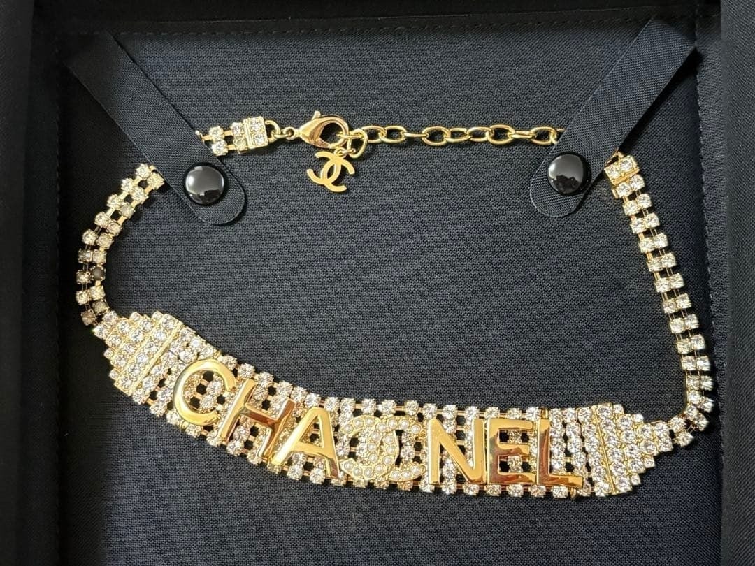 Chanel Logo Gold Rhinestone Wide Choker Necklace Rare (1 of 6)