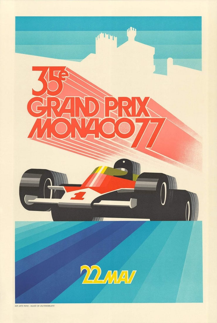 ROLAND HUGON Monaco Grand Prix 1977 39.5" x 26.75" Lithograph 1990 Vintage Blue (1 of 4)