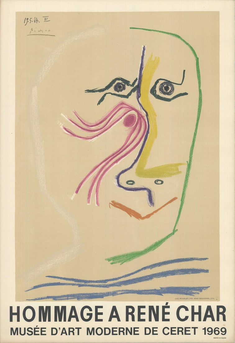PABLO PICASSO Hommage A Rene Char 31" x 20" Lithograph 1969 Cubism Pastel Multi: PABLO PICASSO Hommage A Rene Char 31" x 20" Lithograph 1969 Cubism Pastel Multi Item Specifics: Artist: Pablo Picasso Brand: Picasso Pablo Country/Region Of Origin: France Exact Year: 1969 Height: 31 