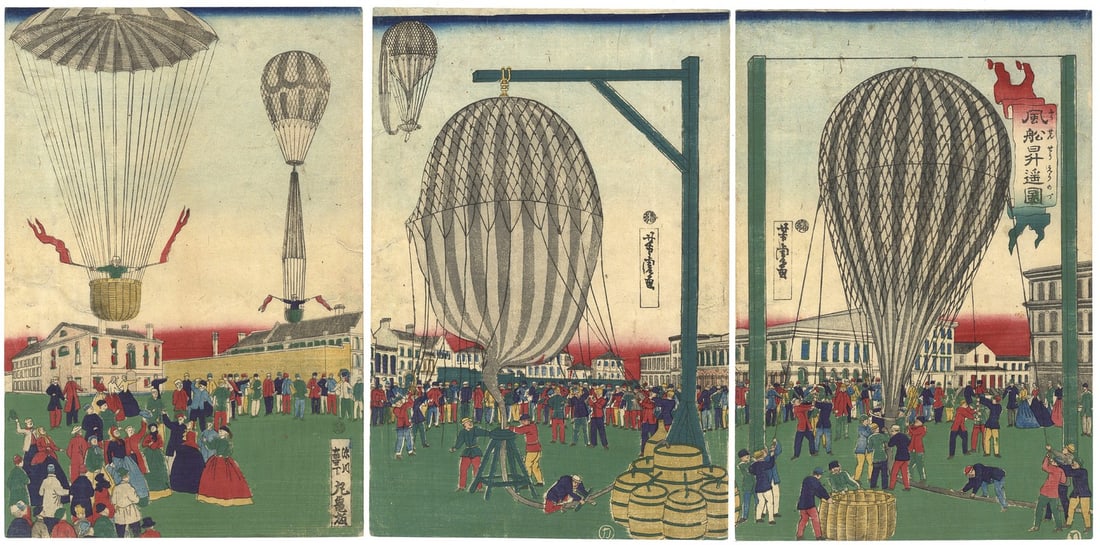Woodblock Print 1872 Japanese Balloon Ascensions Utagawa Triptych: Woodblock Print 1872 Japanese Balloon Ascensions Utagawa Triptych Item Specifics: Artist: Utagawa Yoshitora Subject: Aviation Meiji Modernization Technology Material: Paper Style: Japanese Size: 35.3 