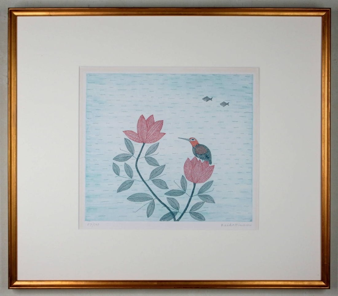 Keiko Minami Bird and Fish on Flowers Etching 1979 Limited 100 Framed Japan Art (1 of 5)