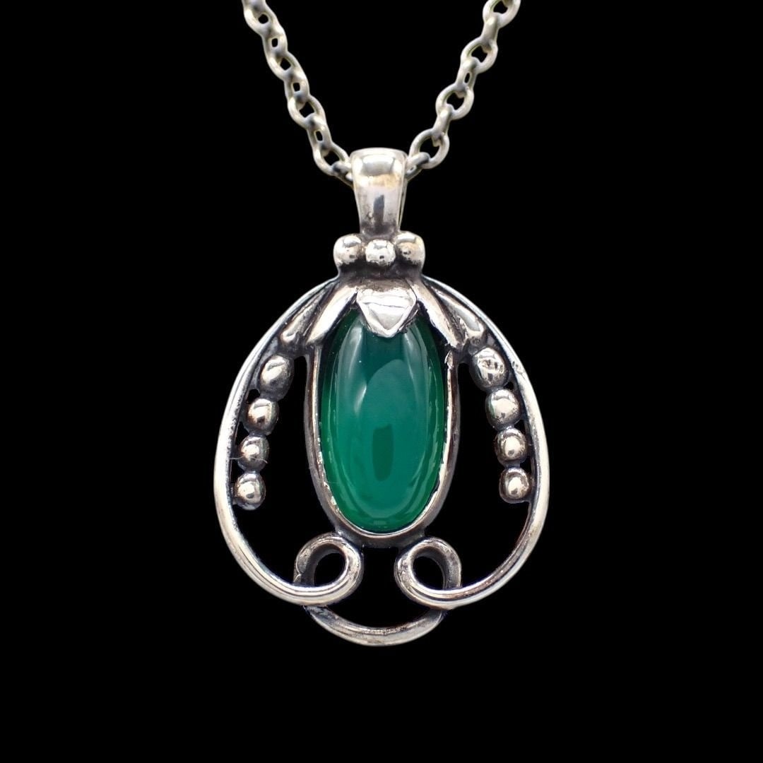 Sterling Silver Green Agate Pendant Necklace 17.3 inches by Georg Jensen 1990 (1 of 8)
