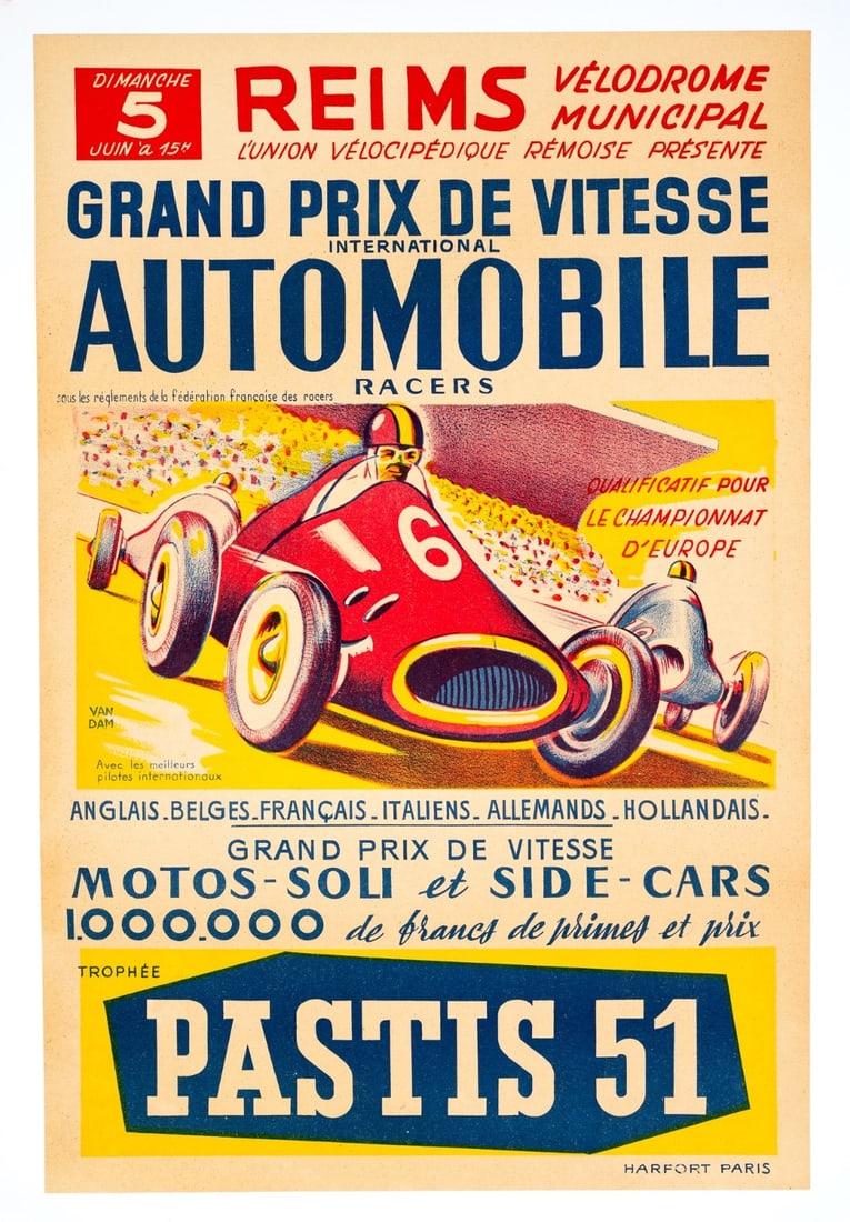 Automobile De Vitesse By Van Dam Litho On Linen 1950 Grand Prix Reims: Automobile De Vitesse By Van Dam Litho On Linen 1950 Grand Prix Reims Item Specifics: Artist: VAN DAM Unit Of Sale: Single Piece Size: Small Color: Red Date Of Creation: 1950-1969 Material: Paper LINE