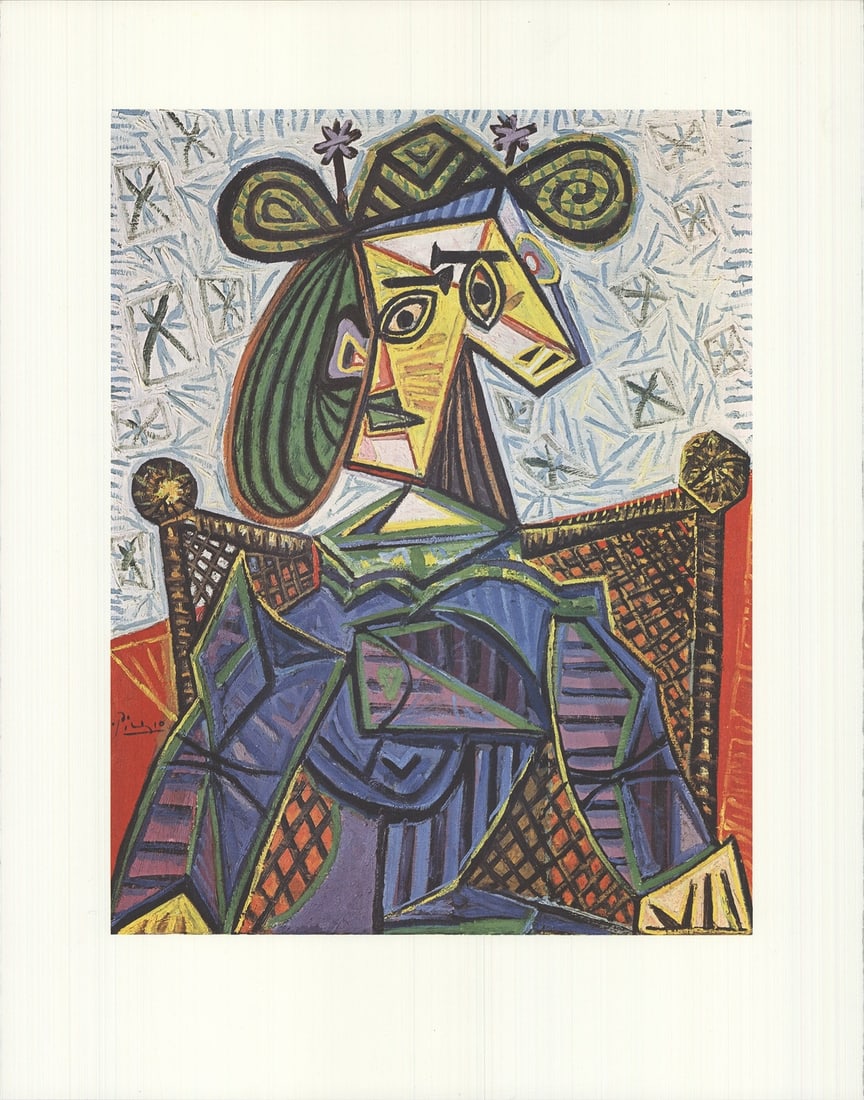 PABLO PICASSO Woman Sitting in an Armchair 19.75" x 15.75" Offset Lithograph 199: PABLO PICASSO Woman Sitting in an Armchair 19.75" x 15.75" Offset Lithograph 199 Item Specifics: Artist: Pablo Picasso Brand: Picasso Pablo Exact Year: 1990 Subject: Figures Type: Offset Lithograph Ye