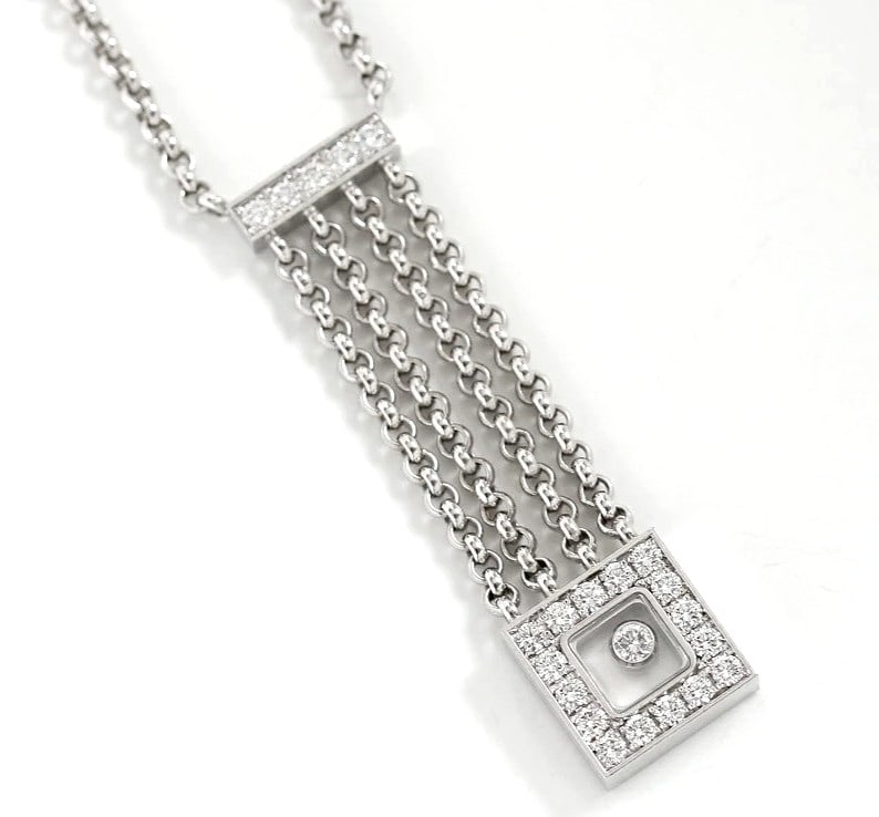 Chopard Happy Diamond 22P 18k White Gold Y Drop Swing Square Necklace Pendant: Chopard Happy Diamond 22P 18k White Gold Y Drop Swing Square Necklace Pendant Item Specifics: Pendant Shape: Square Number Of Diamonds: 22 Closure: Lobster Occasion: Anniversary Birthday Christening C