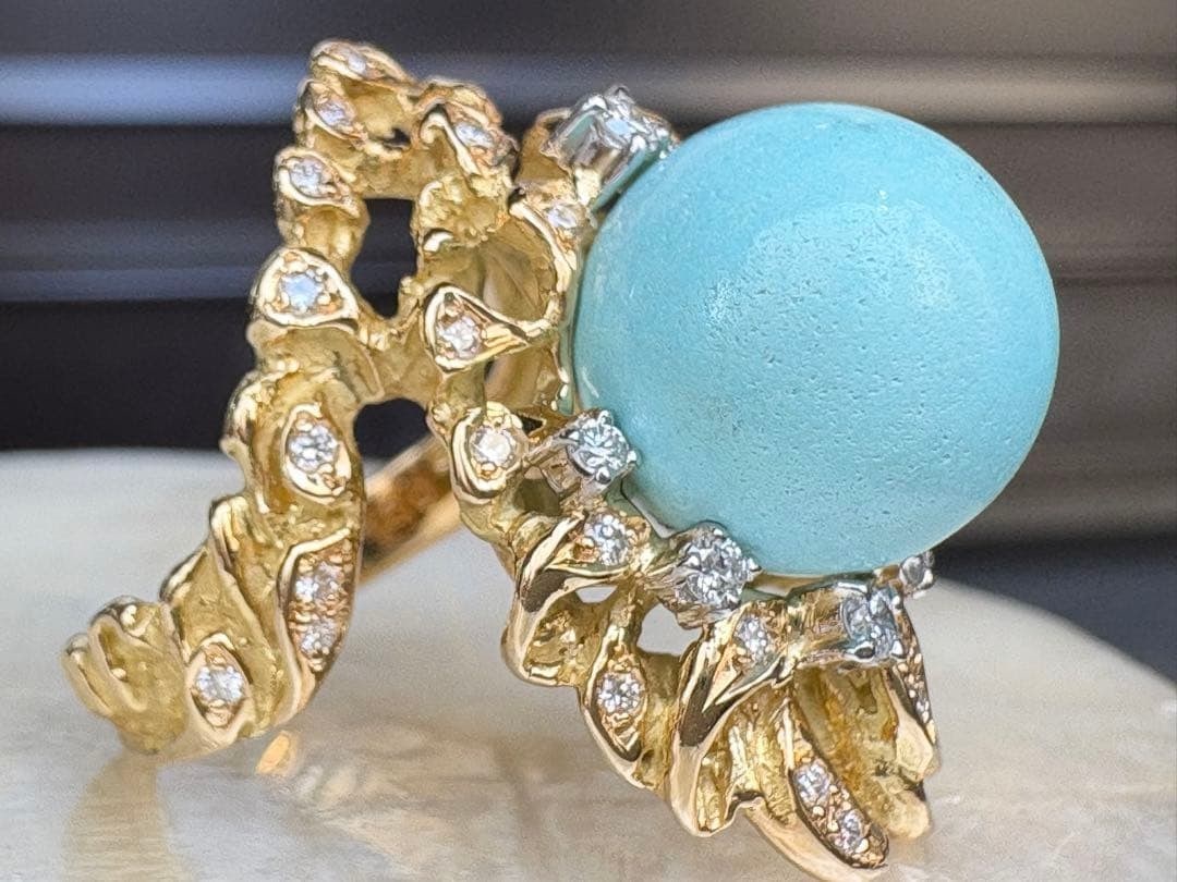 Large Turquoise Diamond 0.38ct 18k Yellow Gold PT900 Bold Cocktail Art Ring: Large Turquoise Diamond 0.38ct 18k Yellow Gold PT900 Bold Cocktail Art Ring Item Specifics: Shape: Round Main Stone Creation: Natural Occasion: Anniversary Birthday Christening Christmas Engagement Gr