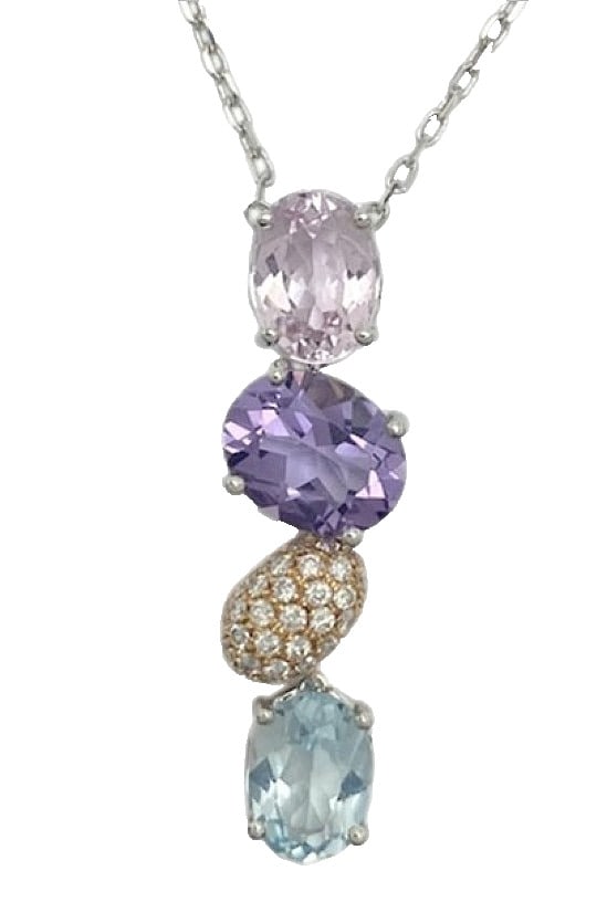Kunzite Amethyst Fred Laurena Diamond 18k Gold Pendant Necklace: Kunzite Amethyst Fred Laurena Diamond 18k Gold Pendant Necklace Item Specifics: Pendant Shape: Asymmetrical Closure: Lobster Occasion: Anniversary Birthday Christening Christmas Confirmation/Communion