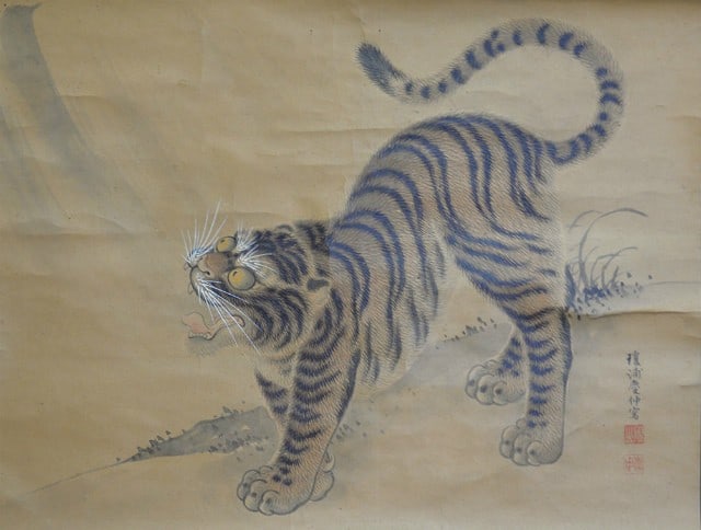 Fierce Tiger Moko Matsui Kenzan Japanese Nihonga Hanging Scroll: Fierce Tiger Moko Matsui Kenzan Japanese Nihonga Hanging Scroll Item Specifics: Artist: Matsui Kenzan Subject: Tiger Material: Ink and Color on Silk Style: Japanese Year Of Production: 2010 Product Di