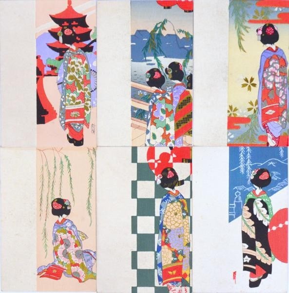 Woodblock Postcards Set of 6 Roman Art Deco Postcards Set Japan Taisho Art (1 of 2)