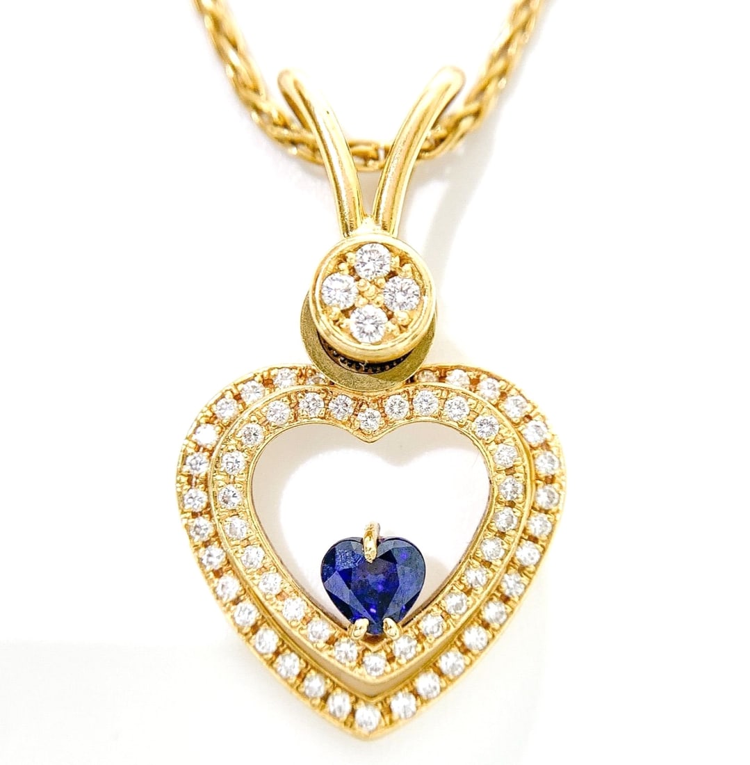 Vintage Waltham Sapphire Diamond 18k Yellow Gold Swing Heart Pendant Necklace (1 of 8)