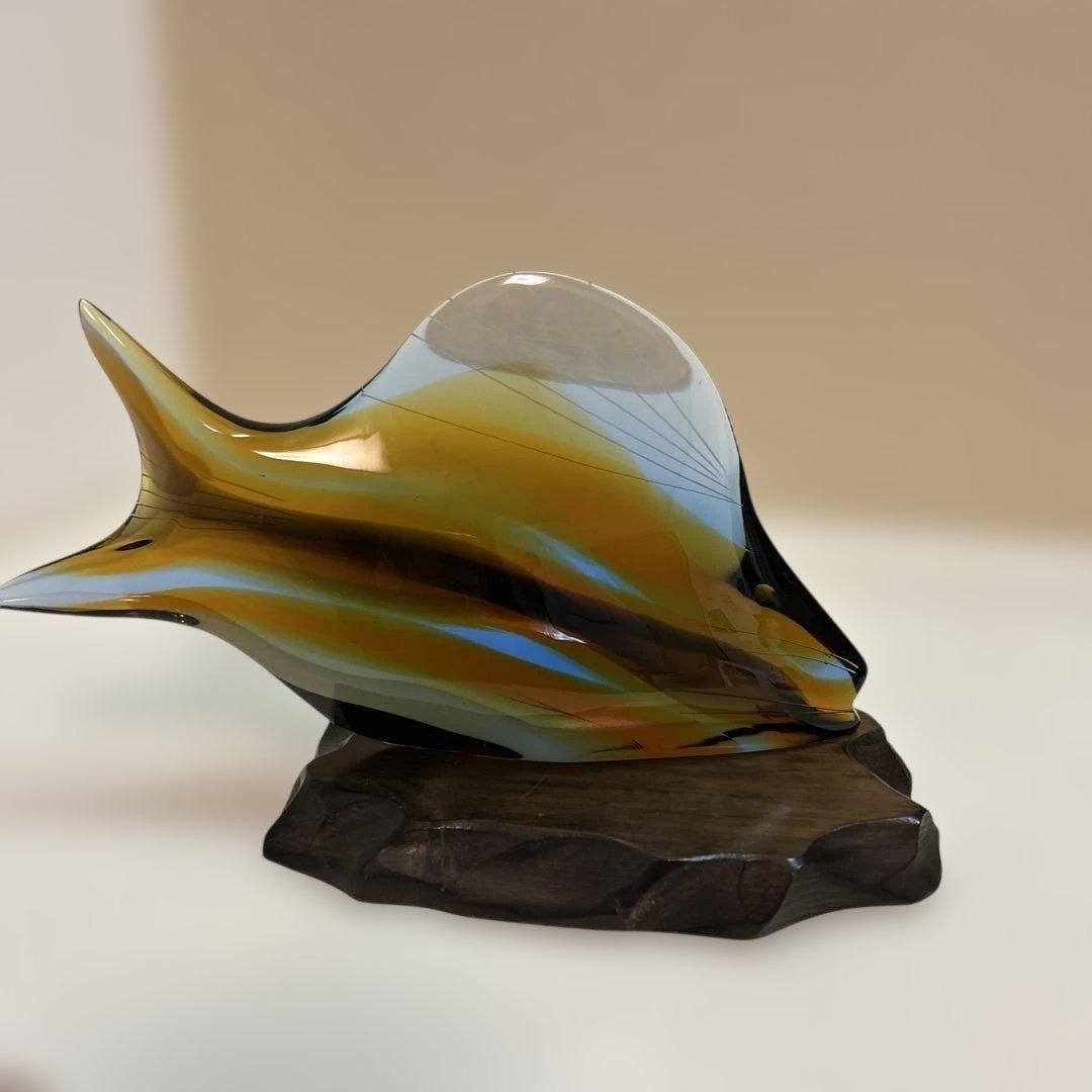 Brown Blue Gradient Czech Glass Fish Sculpture Art Wooden Stand (1 of 4)