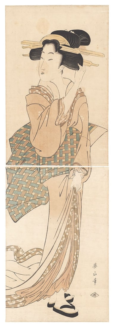 Edo Period Bijin ga Print Woodblock Eizan Kikugawa Vertical Diptych (1 of 1)