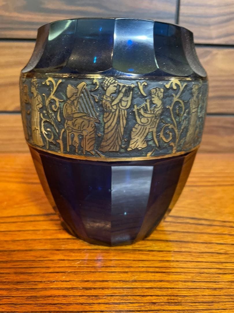 Old Moser Crystal Glass Gilt Patine Cobalt Blue Vase Art Glass Collectible Decor (1 of 6)
