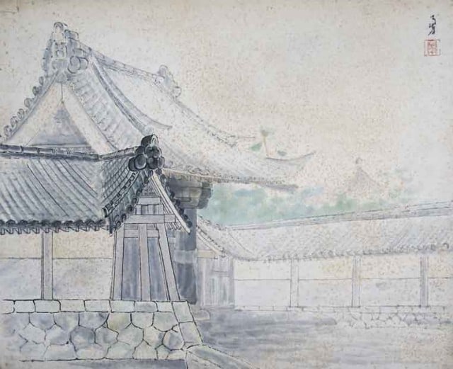 Watercolor Painting Temple Gate by Yujiro Sugita Japanese Art Signed (1 of 1)