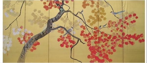 Silk Gold Folding Screen Autumn Leaves Mizukami Taisei Japanese (1 of 2)
