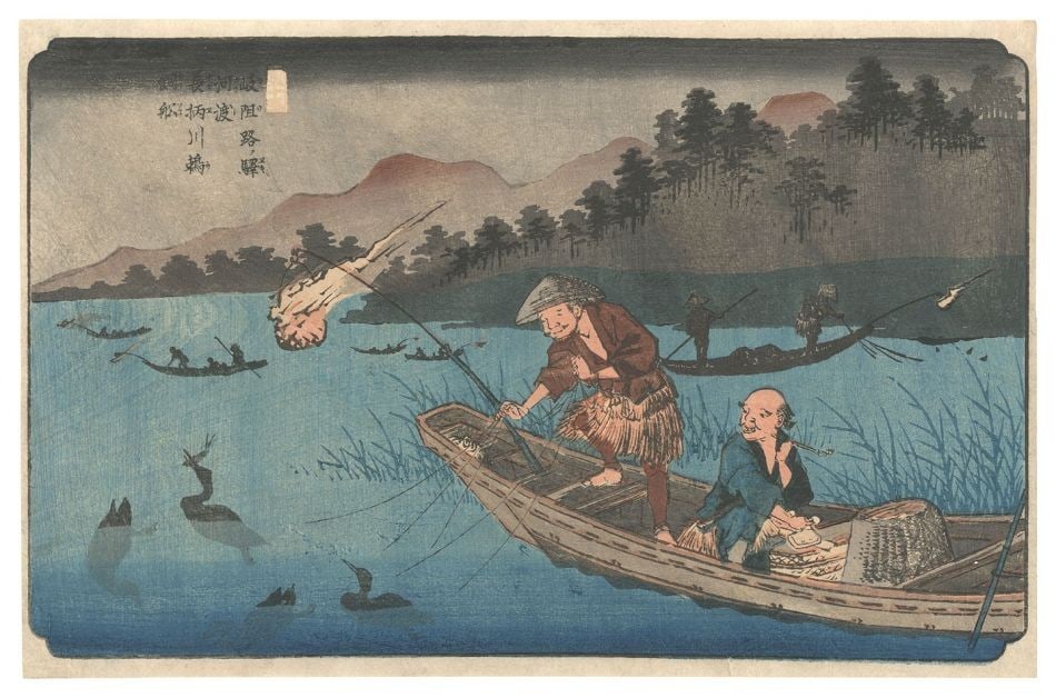 Kisokaido Kodo Keisai Eisen Cormorant Fishing Woodblock Print c 1835 Oban: Kisokaido Kodo Keisai Eisen Cormorant Fishing Woodblock Print c 1835 Oban Item Specifics: Artist: Keisai Eisen Subject: Landscape Cormorant Fishing Material: Washi Paper Style: Japanese Year Of Produc