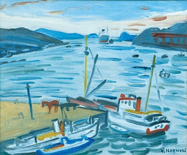 Yataro Noguchi Original Oil Painting Port Landscape Framed Japanese Fine Art (1 of 1)