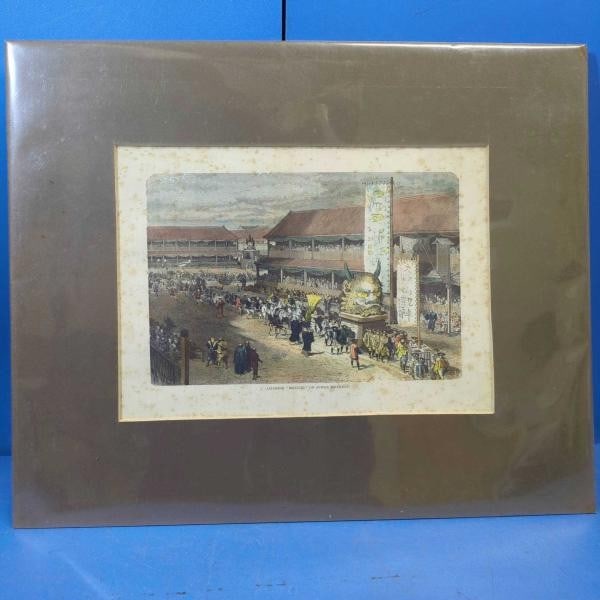 19thC Japanese Festival Antique Print Suwa Birthday Hand Colored Engraving (1 of 5)